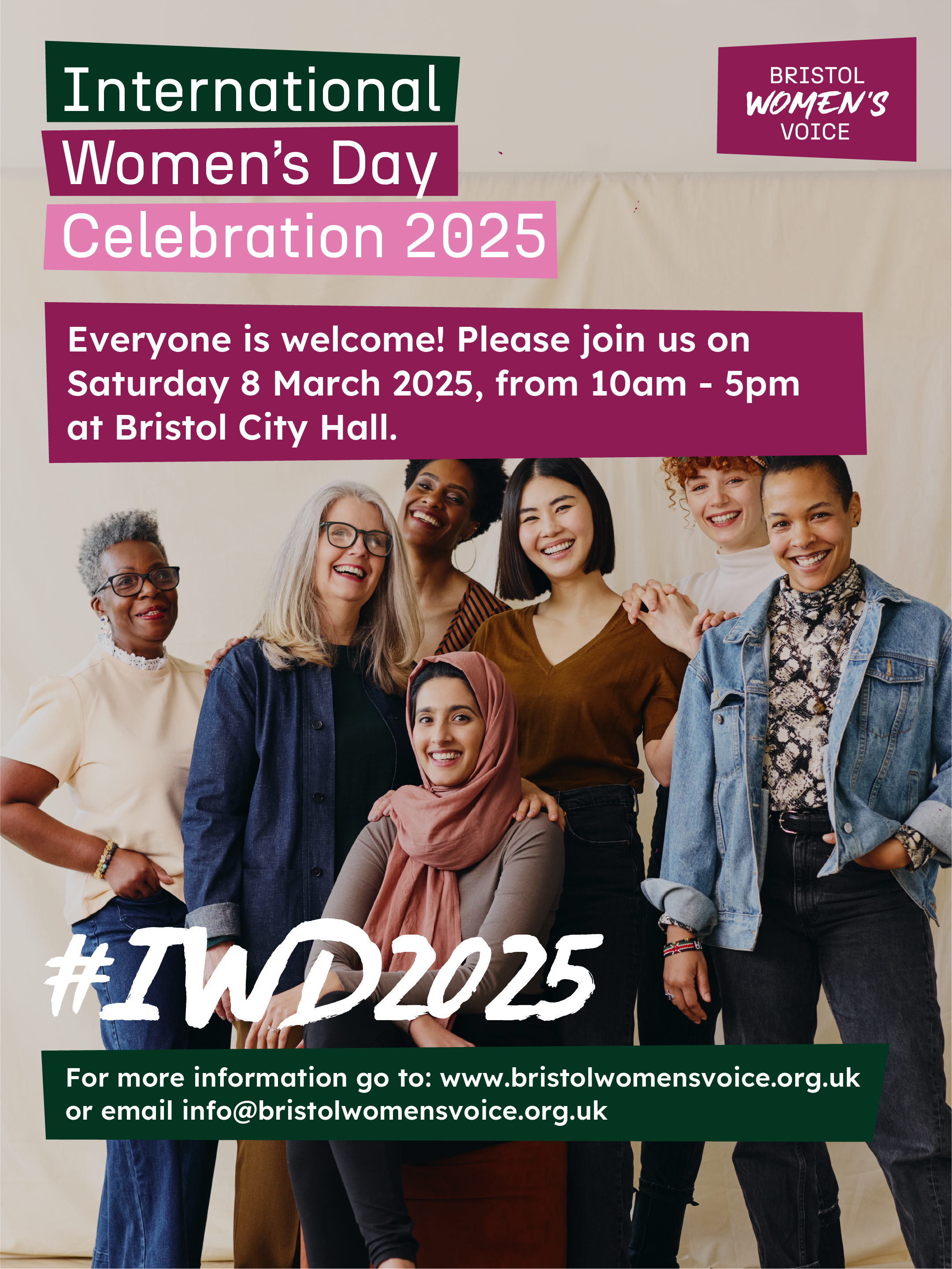 Poster for International Women's Day 2025 with a diverse group of women smiling